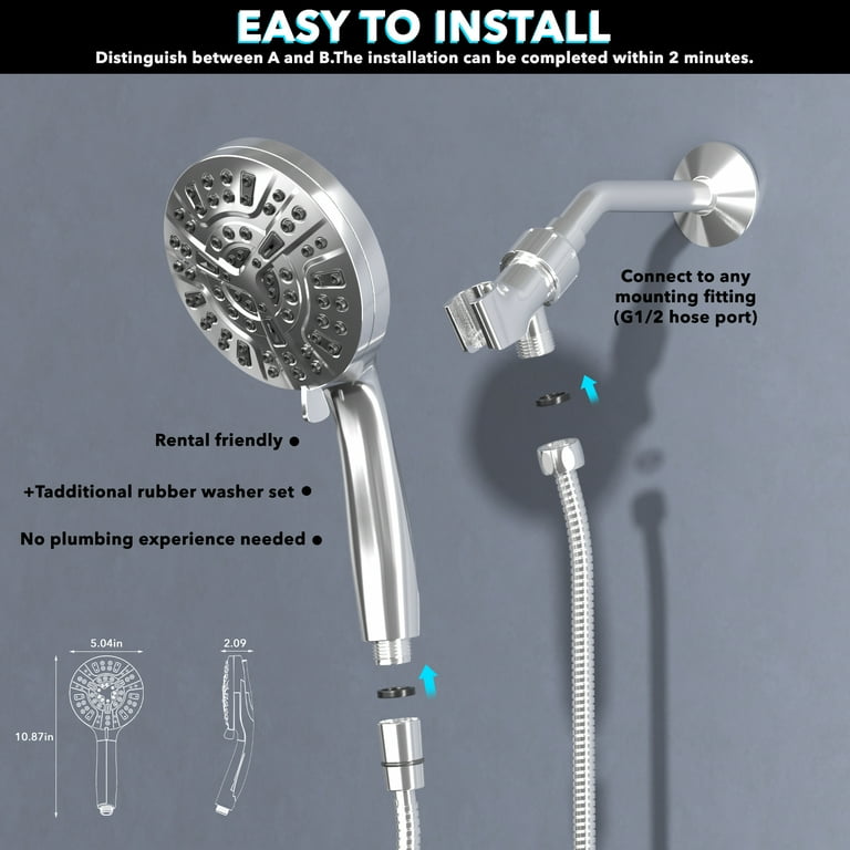 High Pressure Shower Head With Handheld - 5 Spray Modes With 60 Inch Stainless Steel Hose