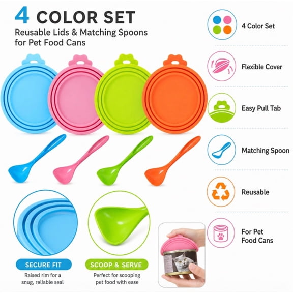 4 Pack Silicone Pet Food Can Covers with Spoon, Lids for Dog and Cat Food Cans, TIKA