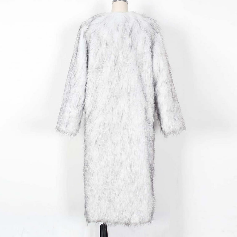 Qetyuw Long Faux Fur Coat for Women Open Front Fluffy Jacket Fuzzy