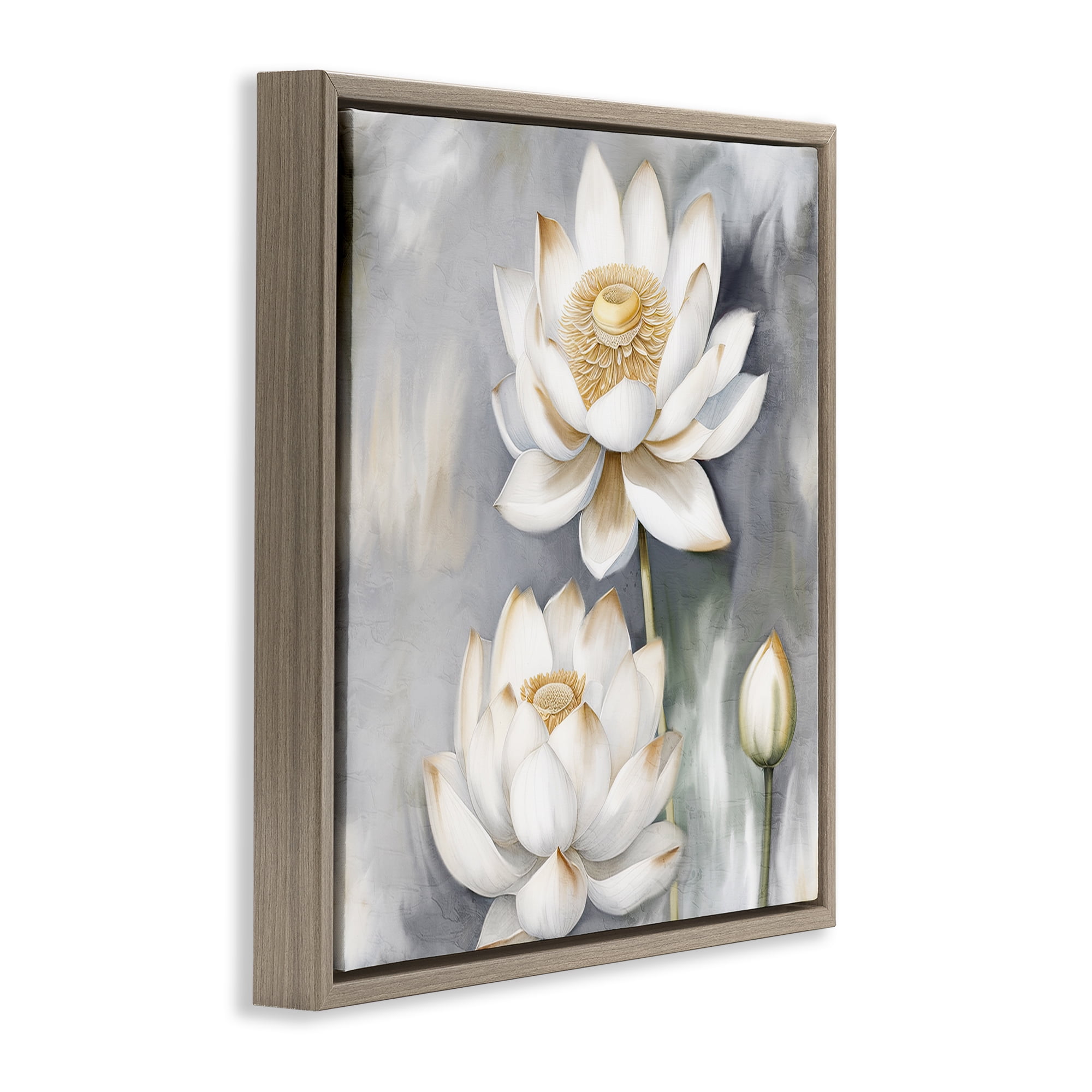 Stupell Industries Budding White Lotus Plants & Flowers Painting Brown Floater Framed Canvas Art Print Wall Art, 18 x 18