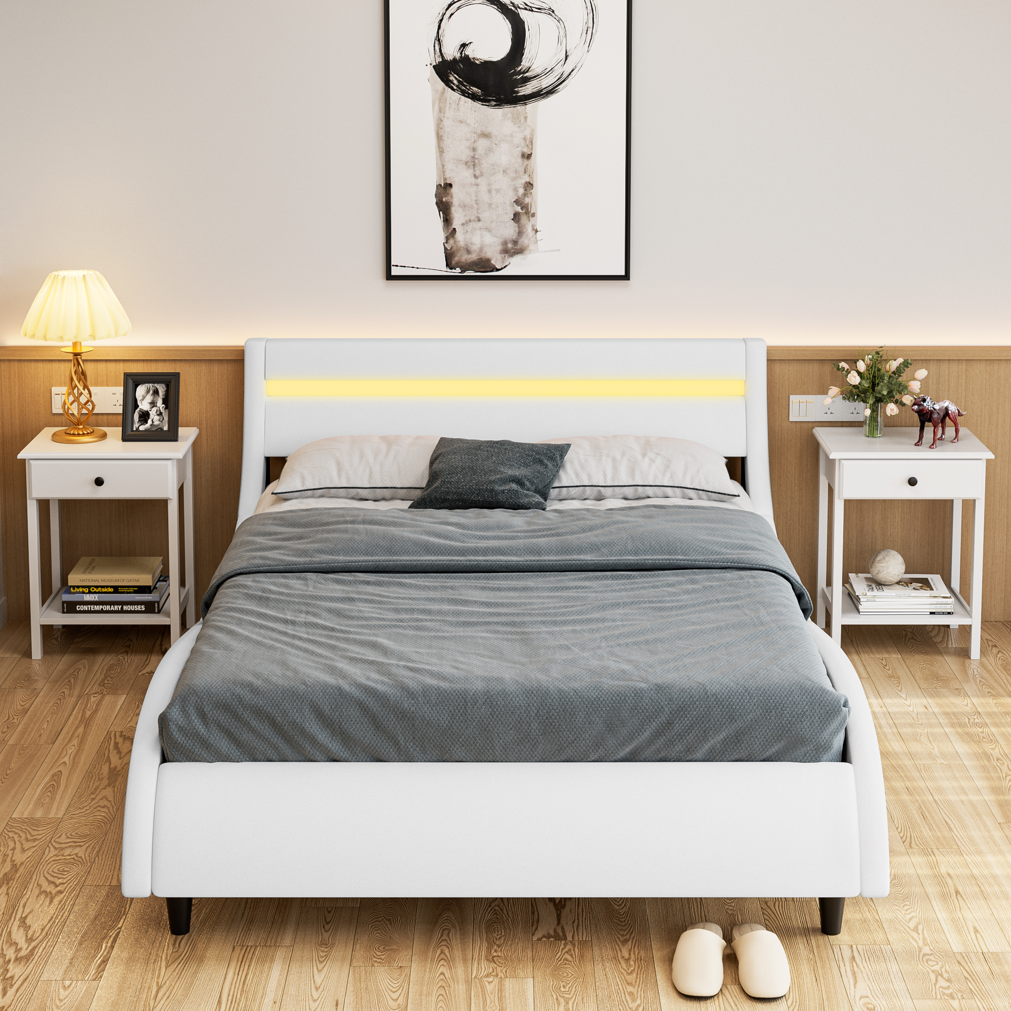 Homfa Full Size Bed Frame, 16 Colors Led Wooden Platform Bed Frame with Adjustable Upholstered Headboard, White - image 4 of 8