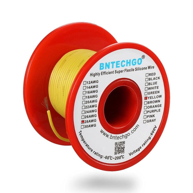 Cable BNTECHGO 28 AWG de silicona amarillo, carrete de 30,5 m