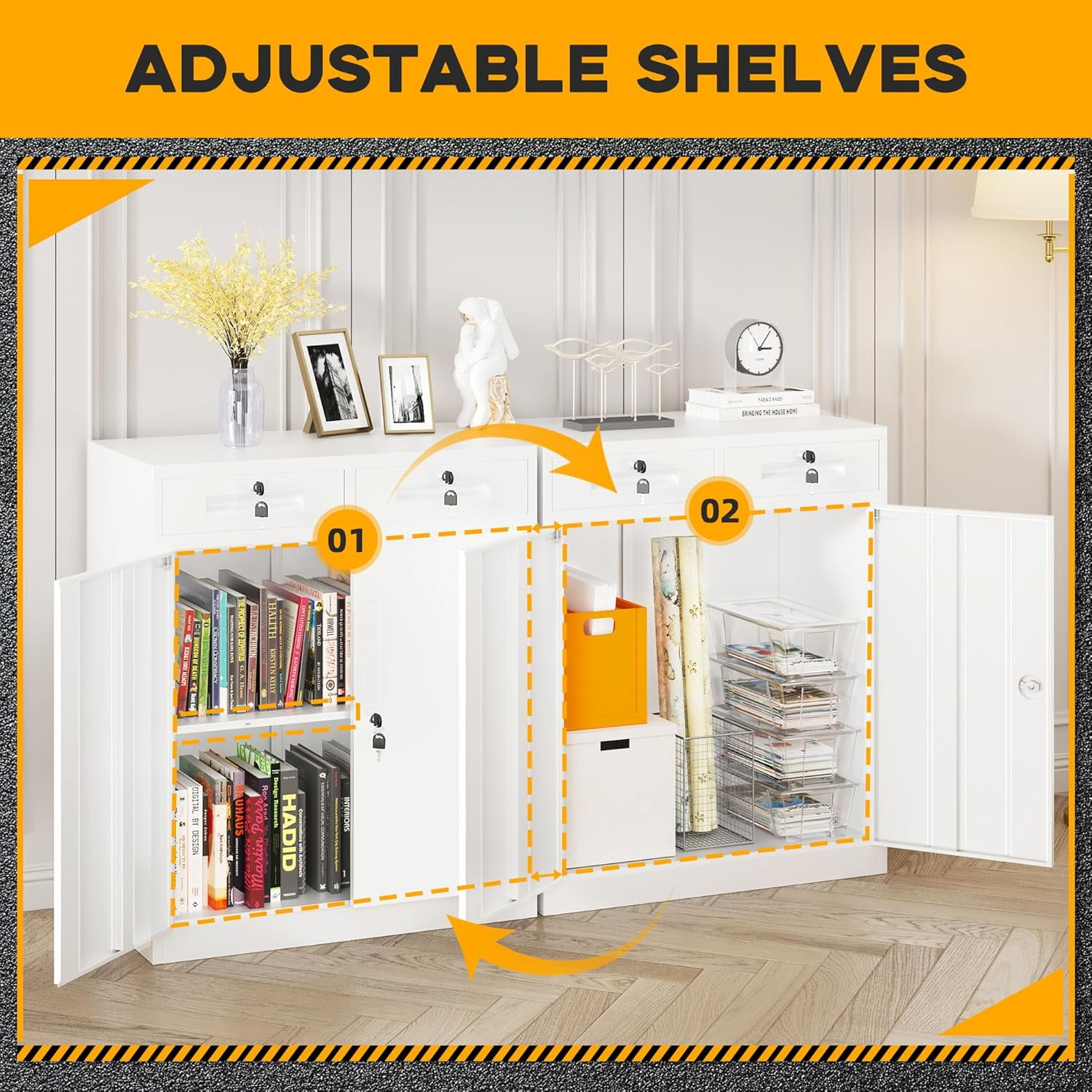 SUNCROWN Metal Storage Cabinet with Drawers, 36" H Steel Locking Storage Cabinet with Doors and Adjustable Shelves, Lockable Metal File Cabinets for Home Office, School, Garage (White)
