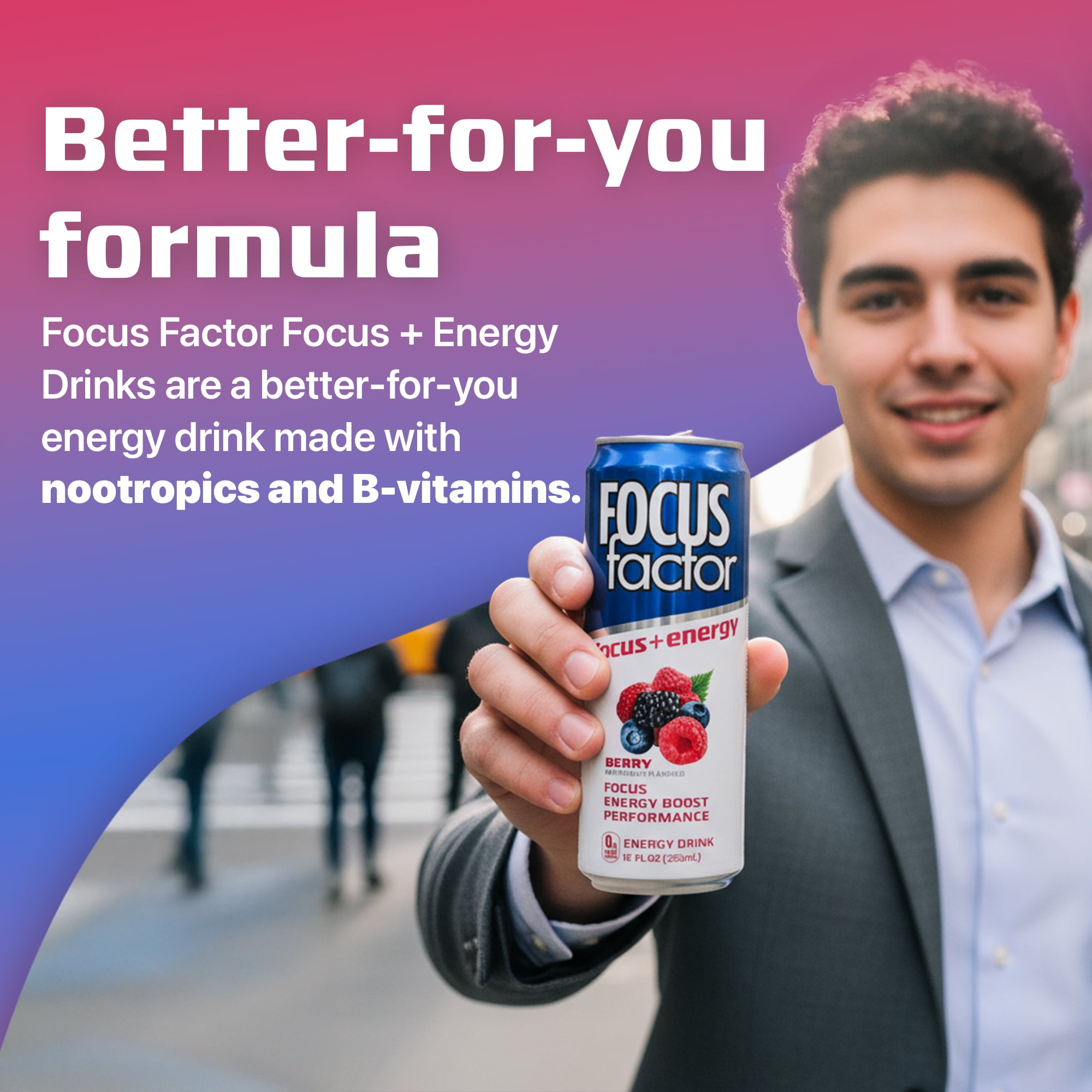 Focus Factor Energy Drink - 12 x 355ml Cans (Berry Flavor) - with Focus + Energy - Sugar Free, Low Calorie with Vitamin B6 & Vitamin B12
