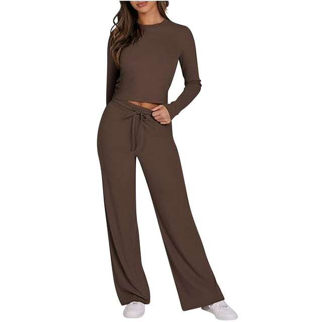Timegard 2 Piece Sets for Women Going out Long Sleeve Slim Crop Top Wide Leg Pants Casual Ribbed Outfits
