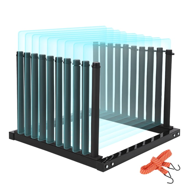 Yiwa Steel Windshield Rack with 9 Slots, Safety Foam Padding and Rubber Finger Locks, Complete with 1×2m Elastic Band and 3/8-Inch Thick Floor Mat for Safe Storage and Transport in Auto Shops
