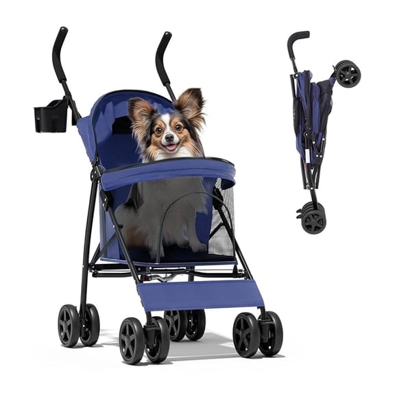AIZYT Compact Pet Stroller for Small-Medium Dogs/Cats up to 22lbs, 4-Wheel Lightweight Umbrella Shaped Portable Puppy Travel Jogger with Breathable Mesh, Cup Holder & Rear Storage, Navy Blue