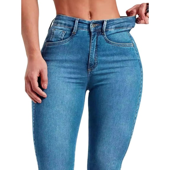 Women High Waist, Stretchy Jeans Slim Fit Leg Pull on Jean with Pockets, Soft Breathable Cotton Blend Denim Blue M