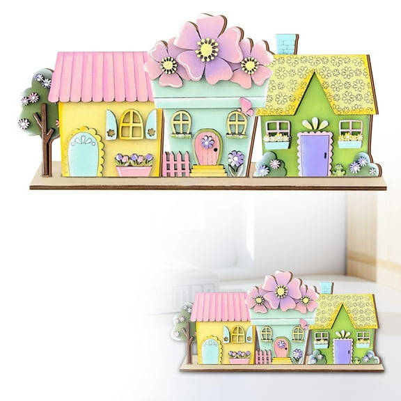 Desktop ornament,Spring Floral Wooden House Tabletop Decor Multicolor Seasonal Decoration For Easter Home Or Display
