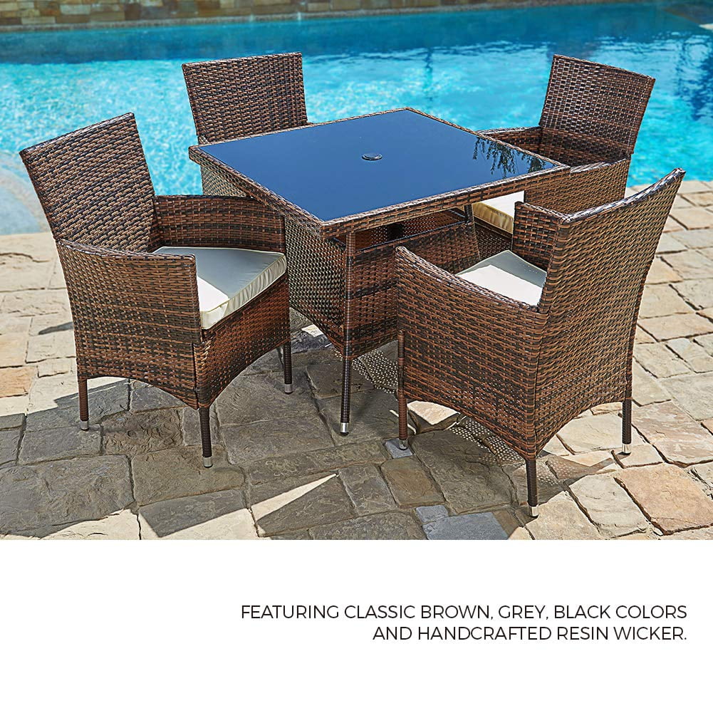 Suncrown Outdoor Furniture All Weather Wicker Round Dining Table And Chairs 5 Piece Set Washable Cushions Patio Backyard Porch Garden Poolside