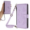 thumbnail image 3 of ELEHOLD Wallet Case For Samsung Galaxy S25,  Butterfly Flower Pattern Leather Flip Kickstand Card Holder Zipper Pocket Magnetic Closure Wallet Cover With Crossbody Strap+Lanyard  ,Purple, 3 of 12