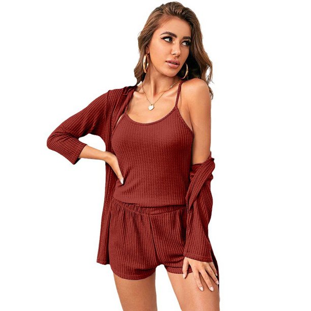Conjunto de pijama de 3 piezas para mujer, camiseta de punto acanalado, pantalones cortos, ropa de dormir suave con bata y cárdigan