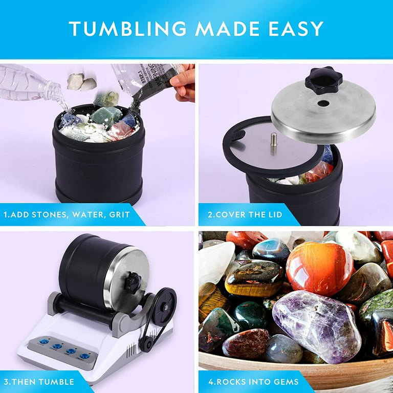 Zcvtbye Rock Tumbler Kit,Turns Rough Rocks Into Beautiful gems,with button  7 day Polishing timer,Includes 2 Belts,bag of rough stones,4