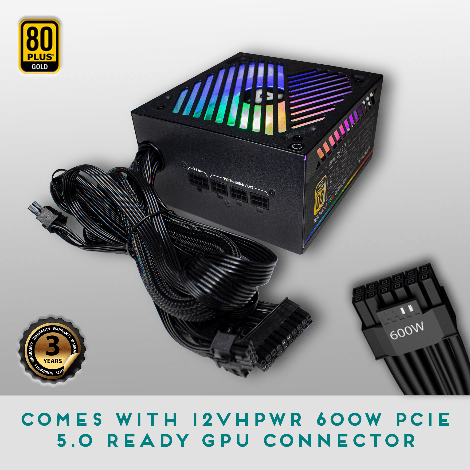 Apevia ATX-PM850W PCIe 5.0 ATX 3.0 Ready Premier 850W 80+ Gold Certified, Active PFC ATX Semi-Modular Gaming Power Supply, 366 RGB Light Modes
