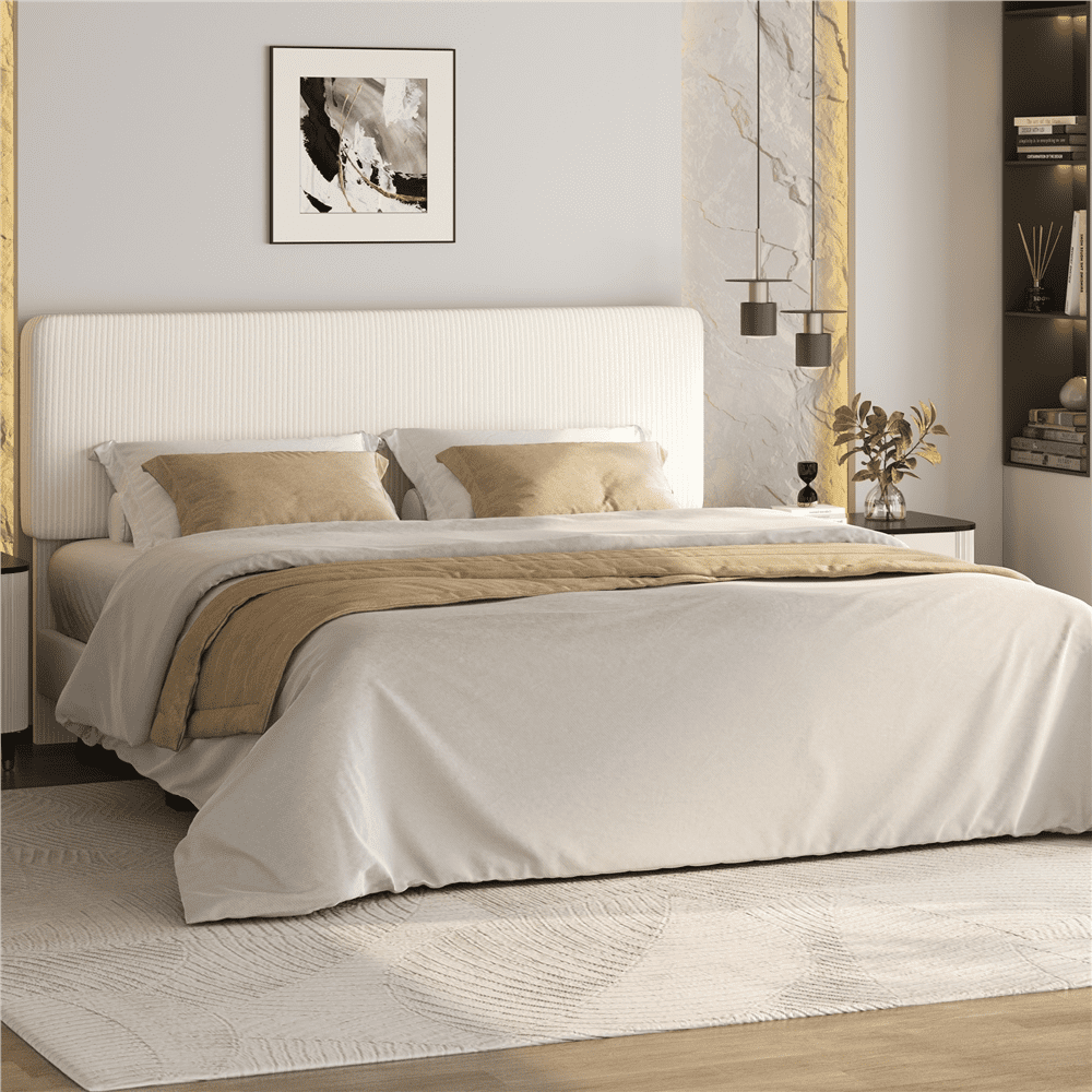 Renwick Upholstered Bed Frame with Wooden Slat Support, King, Beige