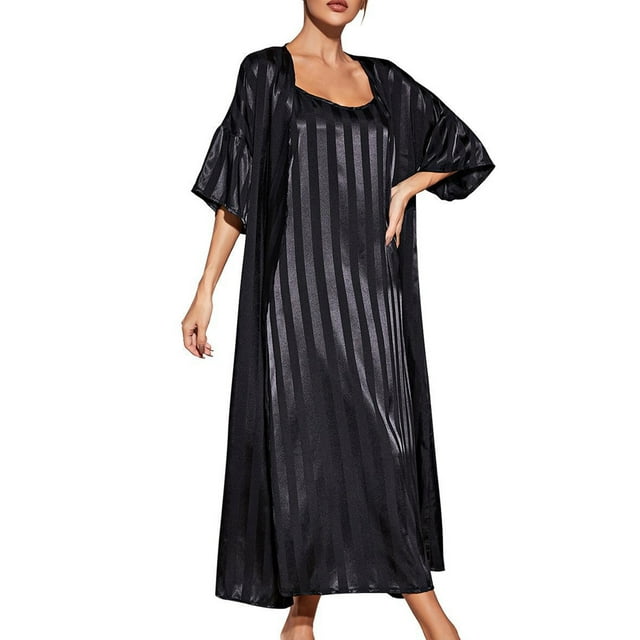 SUNSIOM Ensemble de Pyjama pour Femmes, Robe Ouverte à Manches 3/4 avec Robe Longue Rayée Vêtements de Nuit Vêtements de Détente