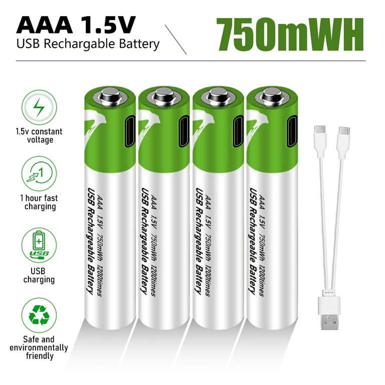 MDHAND 1.5V 2600mAh Rechargeable AAA Batteries, 4 pack Triple A Batteries  with USB Type C Port Cable, High Capacity Lithium ion li-ion Batteries,  Recharge up to 1200 Cycles 