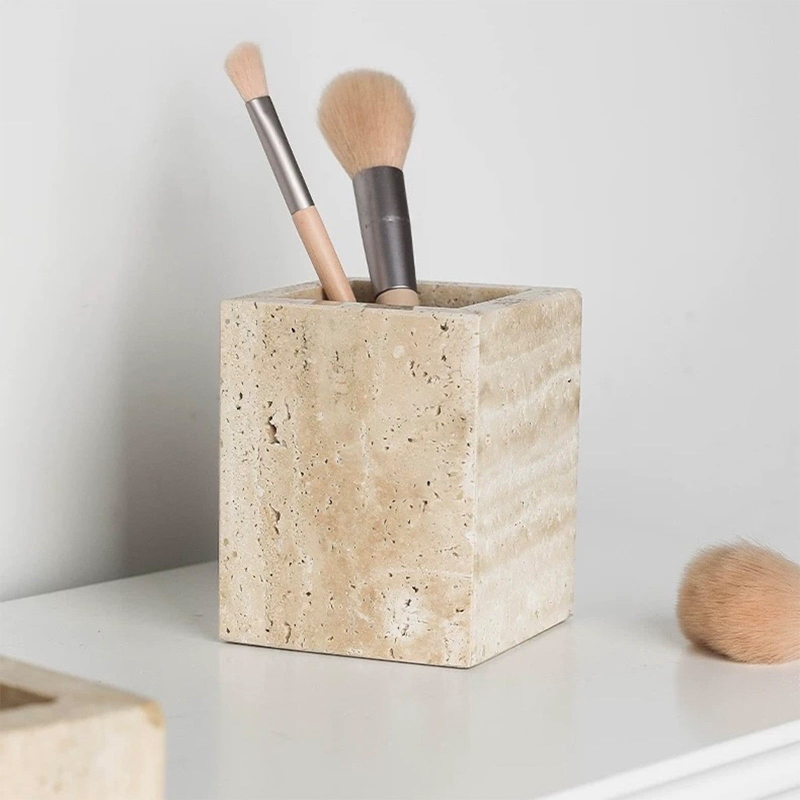 Calacatta Viola Marble Pen Holder, Natural Stone Desk Organizer with Non-Slip Base for Makeup Brushes, Makeup Organizer, Office Supplies Storage, Elegant Desktop Vanity Tray for Home Bathroom