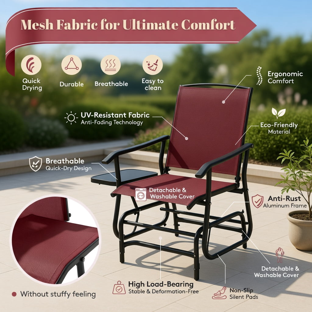 Hommoo 2-Person Outdoor Rocking Loveseat with Tempered Glass Center Table, Mesh Fabric Seating, Red