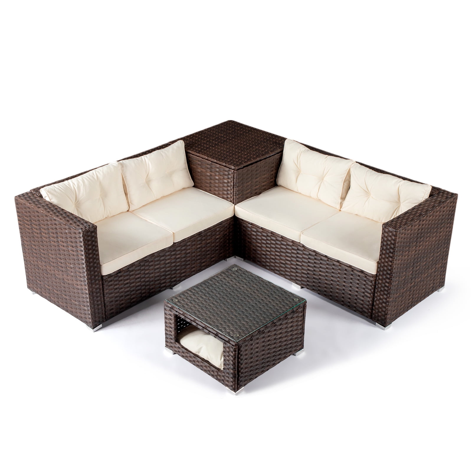 Ktaxon 4 Pieces Modular Patio Sectional with Storage Box & Pet Table, All-Weather PE Wicker, Brown Frame Peacock off-white Cushions