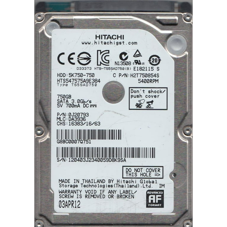 hts547575?a9e384、PN 0j20793、MLC da3936、Hitachi 750?GB SATA 2.5ハードドライブ HTS547575A9E384, PN 0J20793, MLC DA3936, Hitachi 750GB SATA