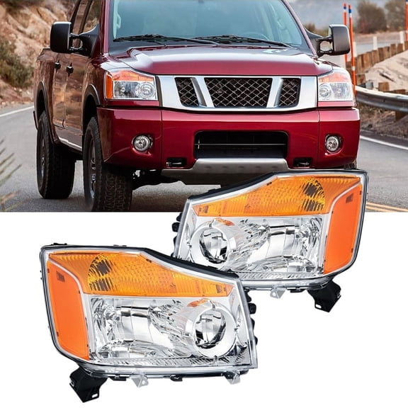 Nilight Headlight Assembly Compatible with 2004 2005 2006 2007 2008 2009 2010 2011 2012 2013 2014 2015 Nissan Titan 2004 2005 2006 2007 Armada Headlamps Replacement Chrome Housing Amber Reflector