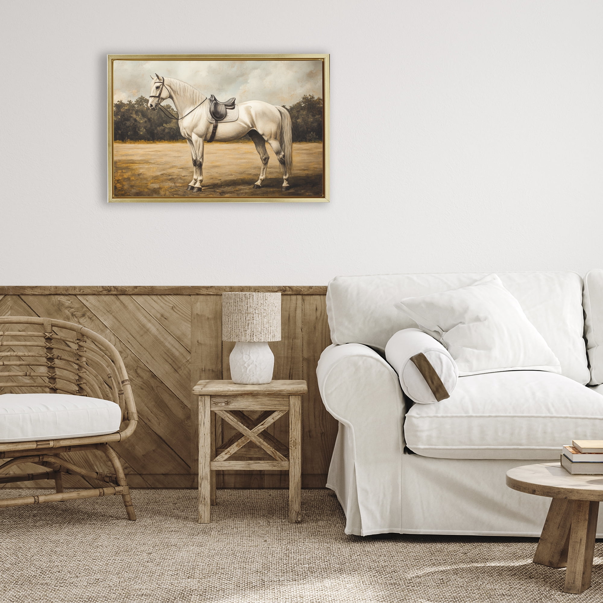 Stupell Industries White Mare with Saddle Gold Framed Floater Canvas Wall Art, design by Petal Prints Design