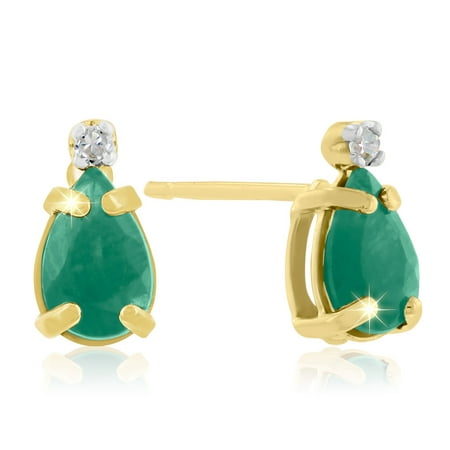 3/4ct Pear Shaped Emerald and Diamond Earrings in 14k Yellow Gold