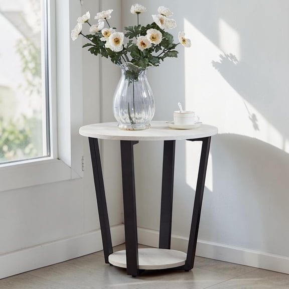 GZXS Contemporary Accent Side Table, 2-Tier MDF Round End Table with Lower Storage Shelf, Easy Assembly, 20"Dia x 20.5"H, Off-White & Black