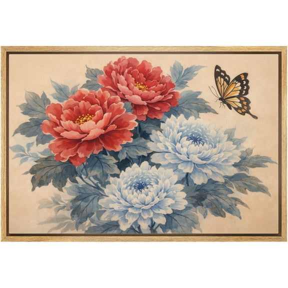 Framed Canvas Print Wall Art Vibrant Peonies and Chrysanthemums Vintage Botanical Art for Living Room, Bedroom, Office - 16"x24" NATURAL