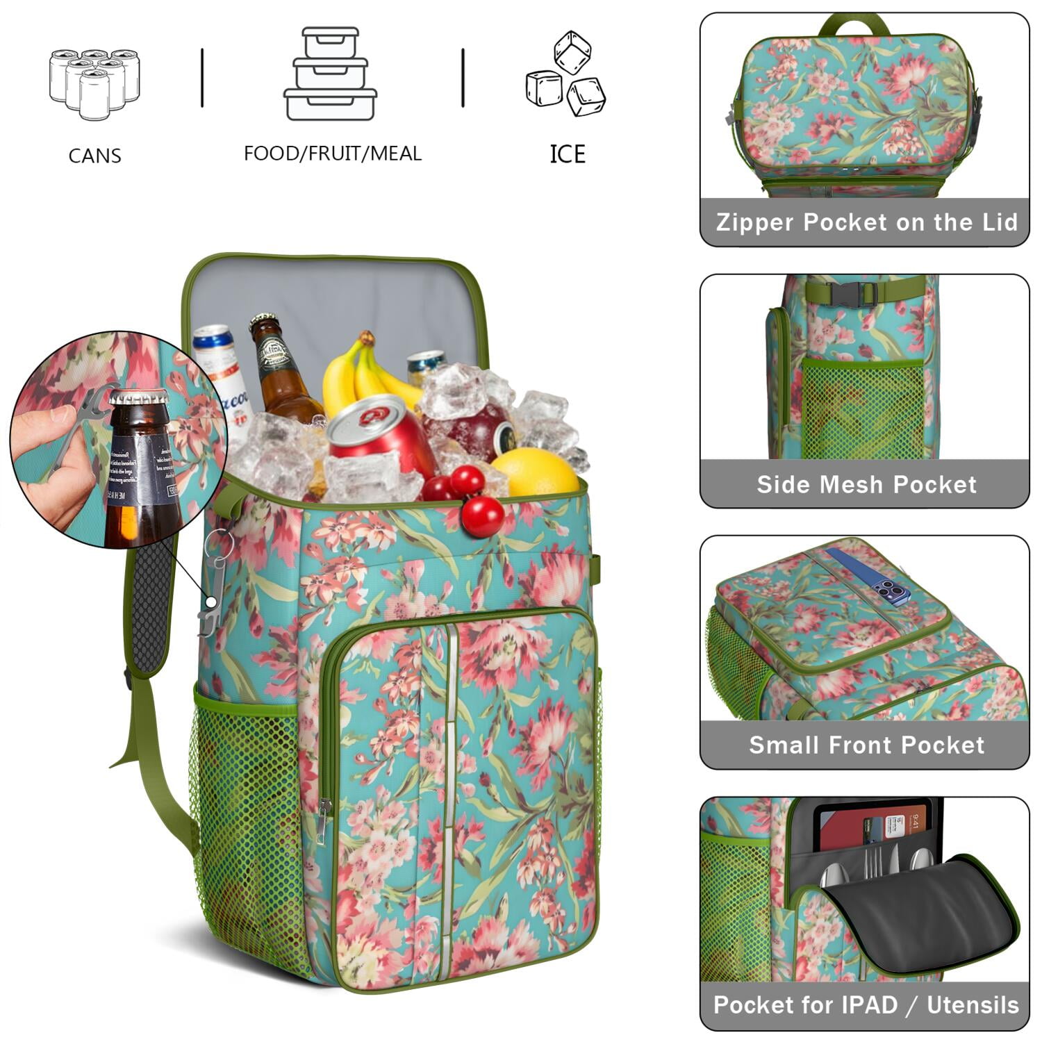 Travel Cooler Bag - Pioneer Flower Floral Print Pattern Camping Beer Cooler Backpack with Bottle Opener- Waterproof Insulated Picnic Backpacks - Cooler Bag for Beach