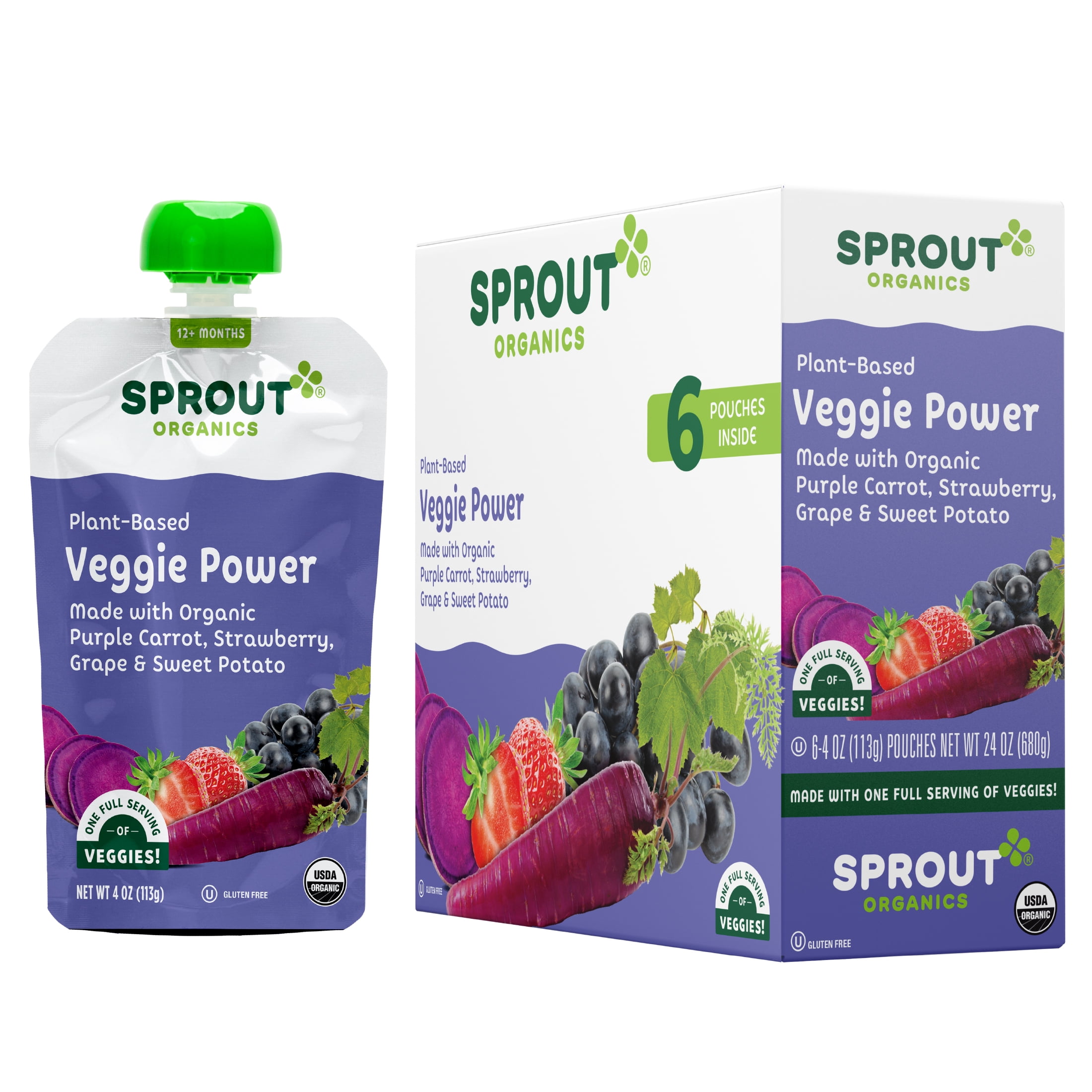 Sprout Veggie Power Organic Toddler Food, Purple Carrot Strawberry Grape & Sweet Potato, 4 oz Pouch, 6 Pack