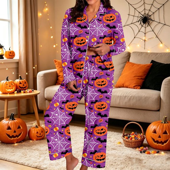 Halloween Pjs Women Long Sleeve Button Collar Shirt Pants Printed Sleepwear Loungewear 2 Piece Pajama Set Purple L