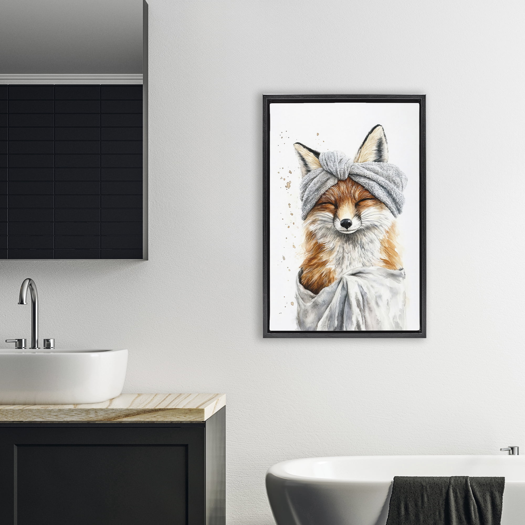 Stupell Industries Bathroom Fox Wrapped in Towel Black Framed Floater Canvas Wall Art, design by Tina LeCour