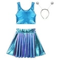 thumbnail image 3 of YONGHS Women Alien Costume Metallic Crop Tank Top Pleated Skirt with Headband Halloween Cosplay Outfit Blue A XL, 3 of 6