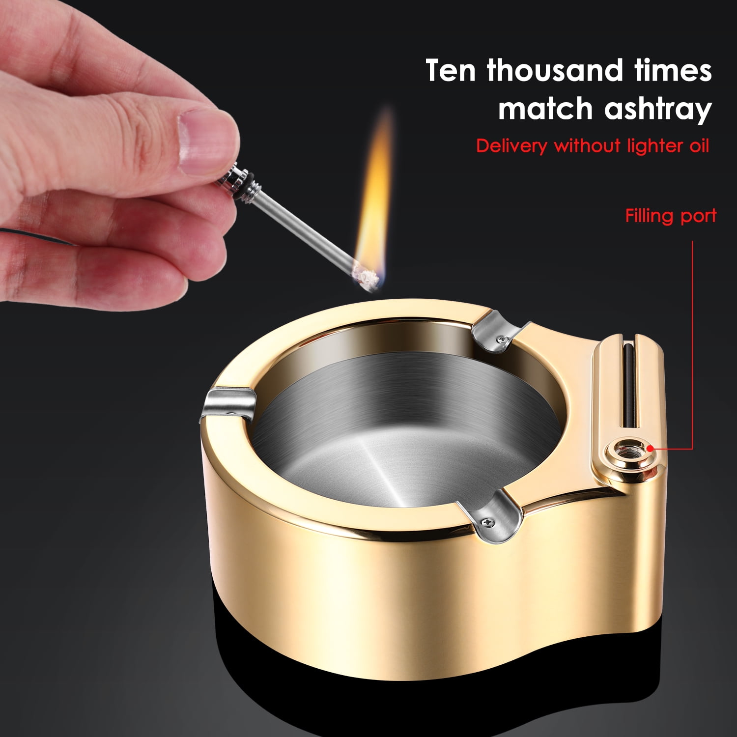 Black Ashtray Cigar Ashtray Stainless Steel Ashtray Ten Thousand Match Lighter Men Smokers Gifts Simple Stylish Indoor Outdoor Patio Home Office Use Blue Ice/Black/Gold