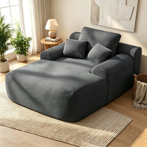 Leumius Oversized Chaise Lounge Chair Indoor, Cozy Boneless Sleeper Sofa Bed with Wide Armrest & Throw Pillows for Living Room,Bedroom,No Assembly Required,Gray(Corduroy)