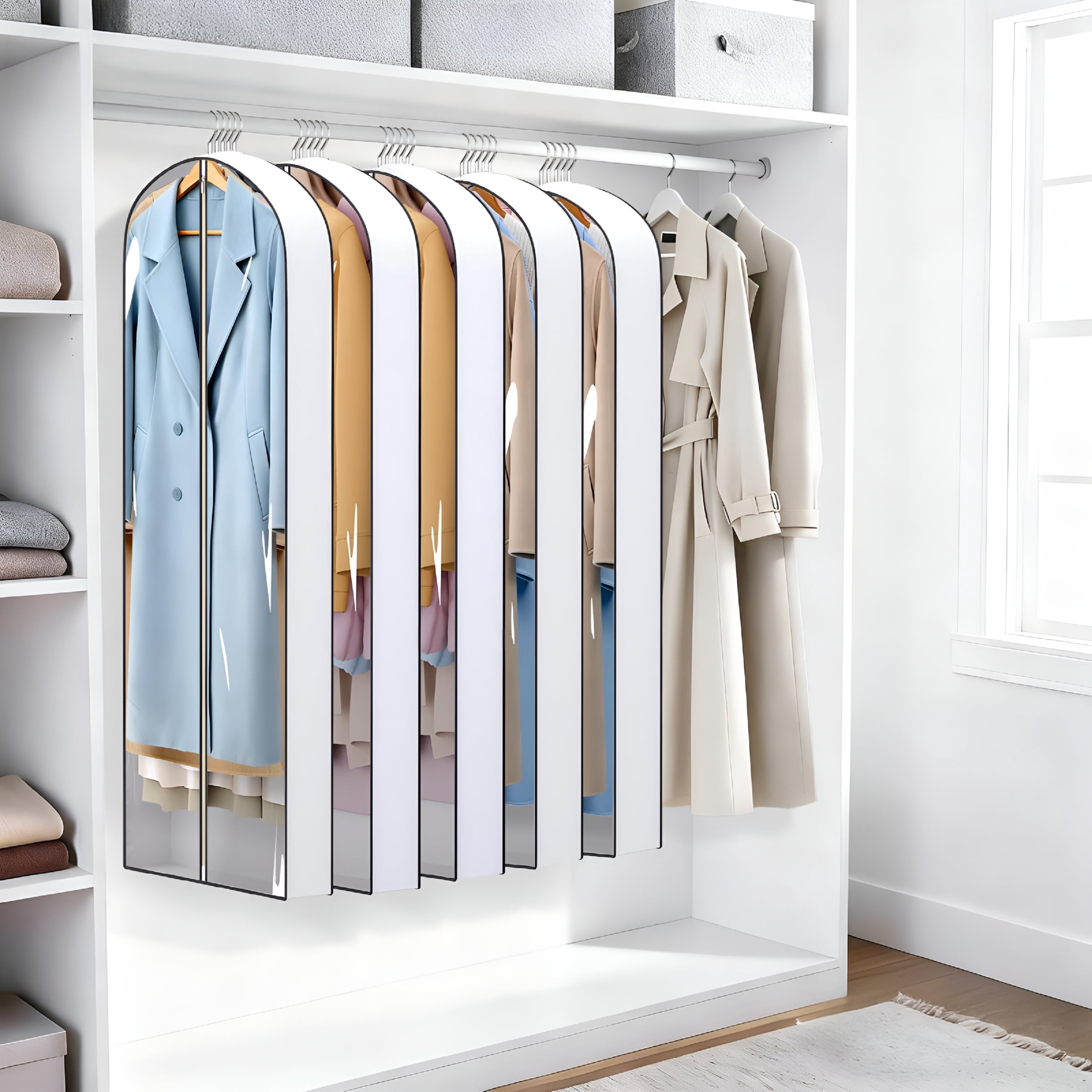AUQ 60"Long Hanging Garment Bags for Closet Storage Gusseted Clear Dress Bag for Clothes,Gowns,Coats,Suits,5 Packs