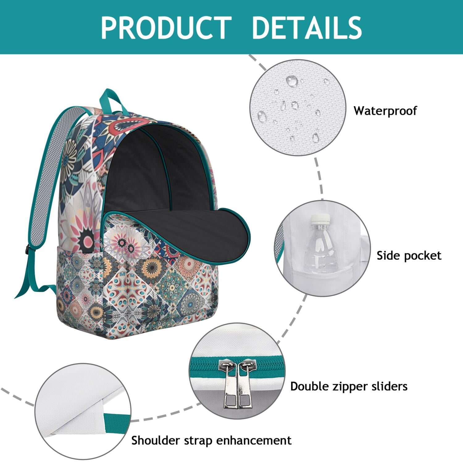 Ethnic Style Waterproof Backpack for Teens, Durable Laptop Daypack with Tribal Prints and Colorful Design