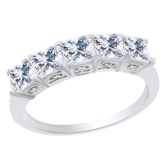 AFFY Asscher Shape Cubic Zirconia 5-Stone Anniversary Band Ring for Women 14K White Gold over Silver-4