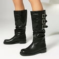 thumbnail image 2 of Slouch Wide Mid Calf Combat Boots for Women Vintage Leather Buckles Low Heel Winter Fall Tall Riding Boots, 2 of 6