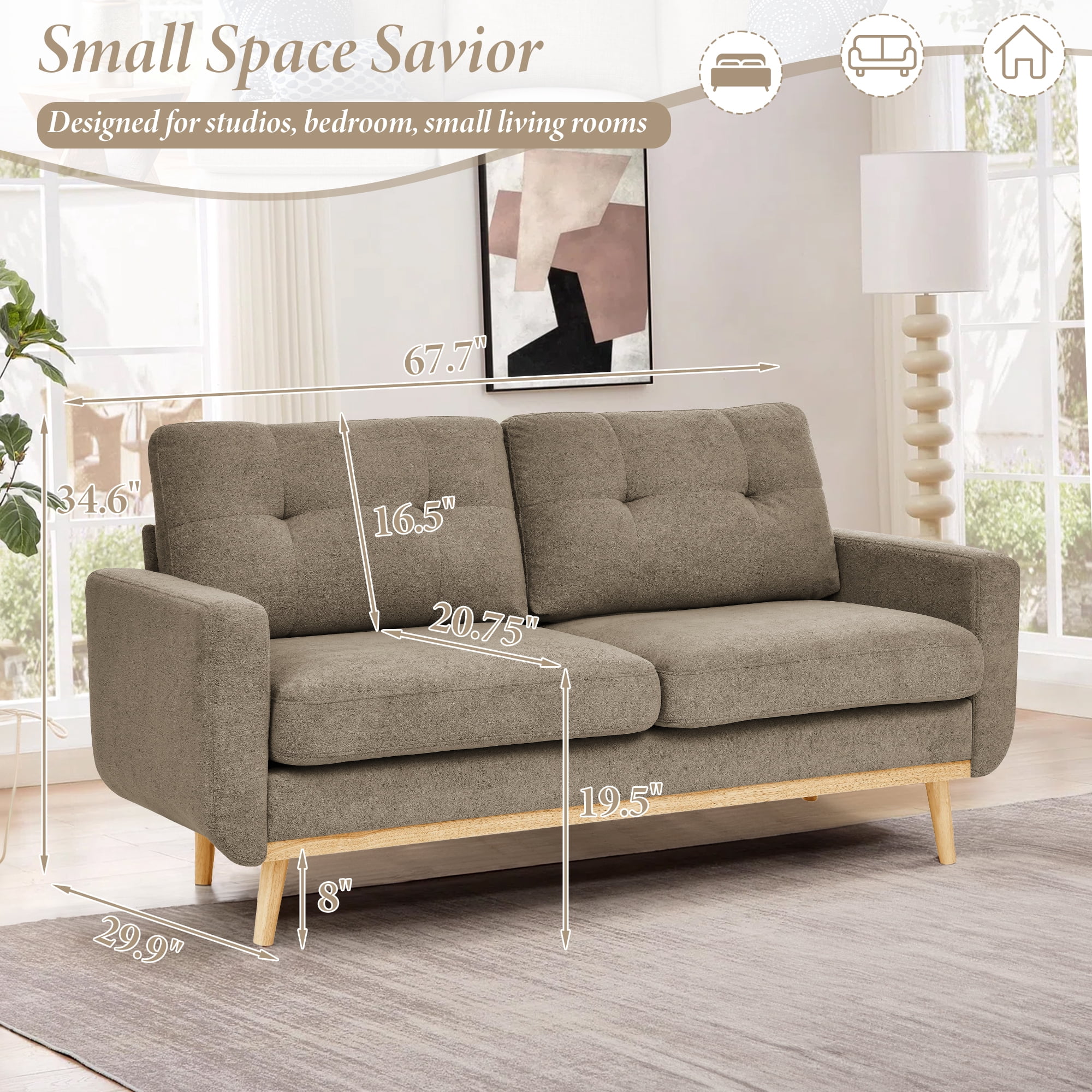 Timbernest 67.7" Loveseat Sofa, Mid-Century Loveseat Couch with Wooden Legs, Khaki Tufted Upholstery
