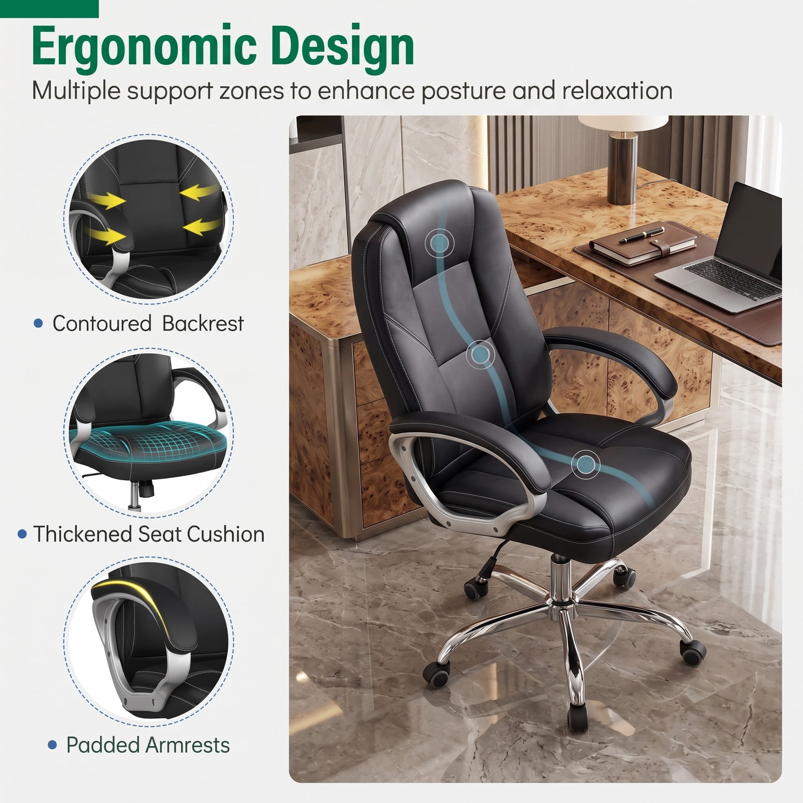 Furnibear Ergonomic Leather Office Chair, High Back PU Leather Executive Desk Chair with Padded Armrests, Adjustable Height, 360-Degree Swivel and Rocking, Black