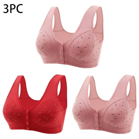 3PC Bras Womens Bras Everyday Bras for Women Wireless Bras 3PC Women Middle-Aged and Elderly Printed Front Buckle without Steel Ring Underwear Soft Large Size Underwear Bra