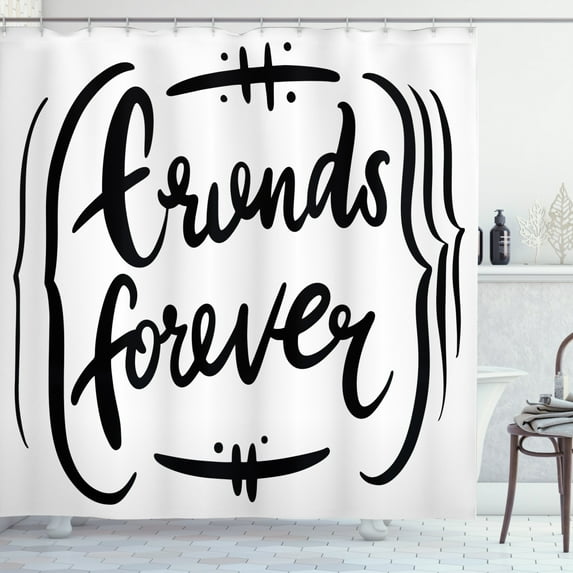 Best Friend Shower Curtain, Friends Forever Motivation Lettering Monochrome Cute Illustration, Fabric Bathroom Set with Hooks, 69"WX70"L, Charcoal Grey and White, by Ambesonne
