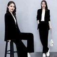 thumbnail image 3 of Quixlent 2 Pcs/Set Women Coat Pants Set Lapel Single Button Mid Length Cardigan Long Sleeve Jacket Wide Leg High Waist Straight Trousers Lady Formal Commute Outfit, 3 of 8
