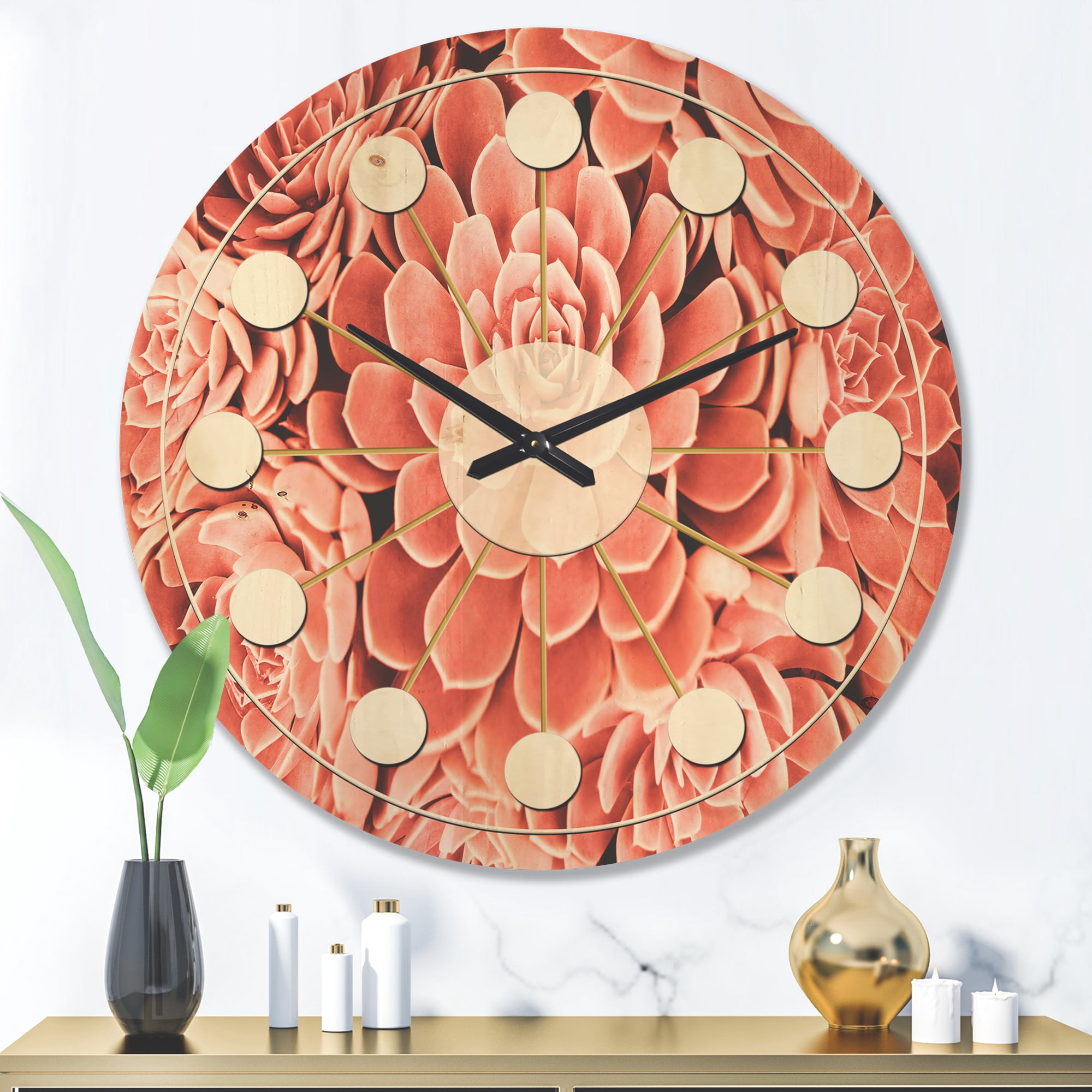 Designart 'Red Toned Succulent' Mid-Century Modern Wood Wall Clock