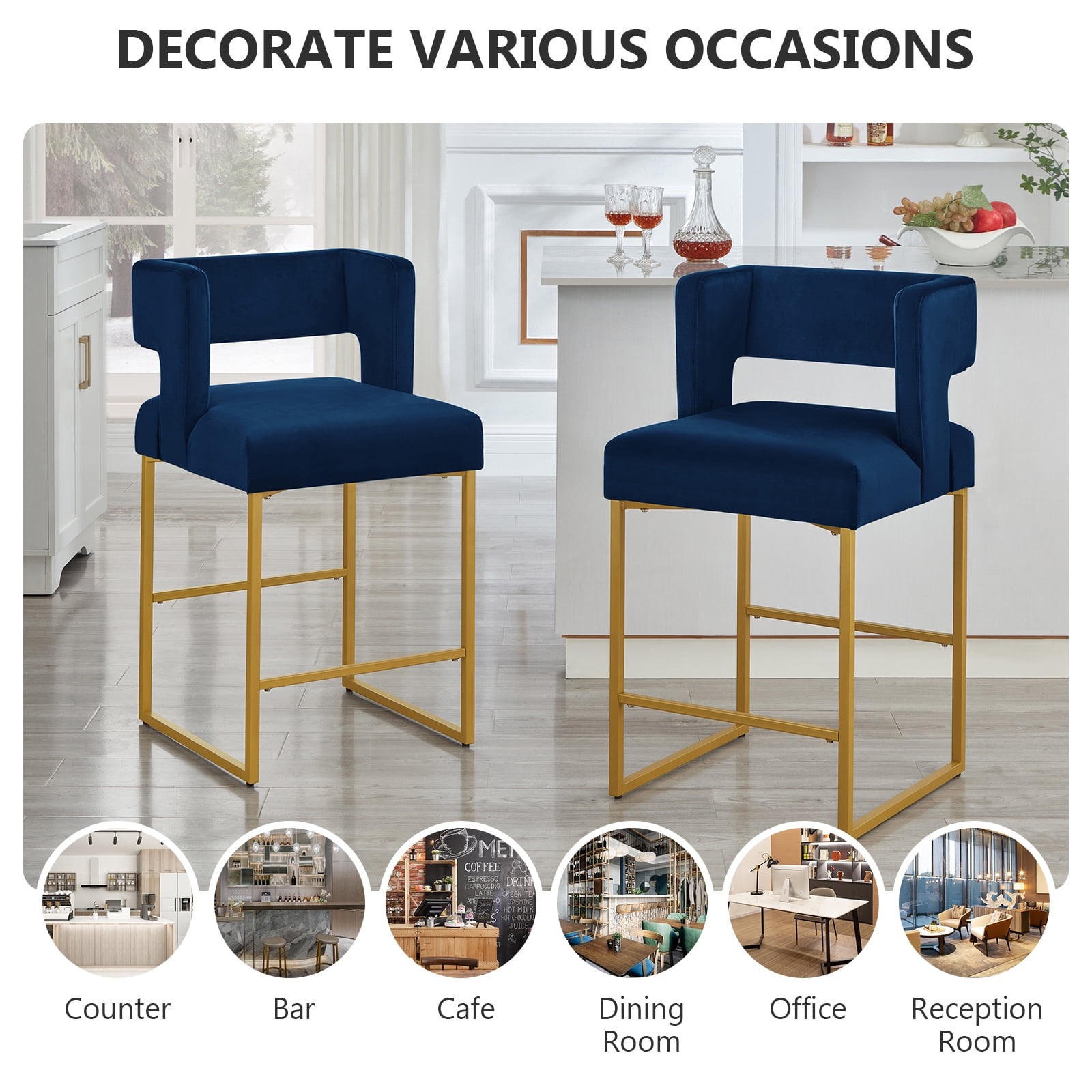 Lecut 26" H Counter Height Bar Stools Set of 2, Modern Velvet Bar Stools with Square Open Backrest and Gold Metal Frame, Kitchen Counter Stools for Island, Home Bar, Pub,Blue+Gold
