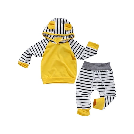 

FASHIONWT Newborn Baby Boys Girls Clothes Striped Print Hooded Tops Shirt + Pants Outfits Set 6-12 Months
