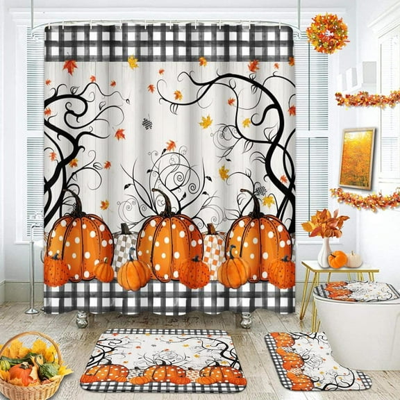 Autumn Pumpkin Leaves Shower Curtain Sets with Rugs Fall Leaf Orange Thanksgiving Bathroom Set with Non-Slip Rug,Toilet Lid Cover,Bath Mat and 12 Hooks 72x72 inches Bathroom Decor 4 Pcs